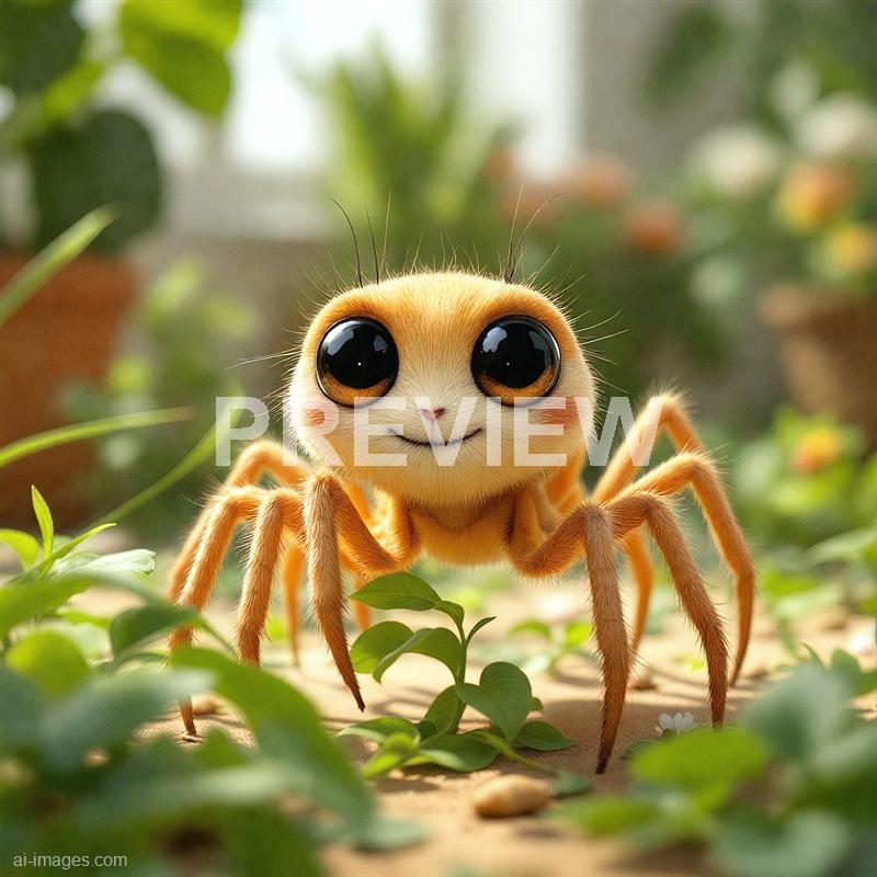 The image features a hybrid creature with the body and legs of a spider, covered in orange fur, and a large, round, anime-style face with big, shiny black eyes, a tiny nose, and a small, smiling mouth. The background consists of green foliage, with some blurred plants and leaves, giving the scene a natural and vibrant environment. The creature appears to be sitting on the ground amidst the greenery, with a gentle and friendly expression.